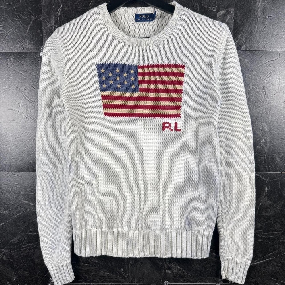 Polo Ralph Lauren Women's White USA Flag Knit Sweater Small -Flaw